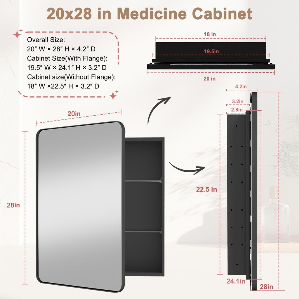 20x28 Inch Medicine Cabinet with Mirror for Bathroom, Black Aluminum Bathroom Medicine Cabinet, Recessed or Wall Mount Medicine Chest Over Sink, Modern Farmhouse Style, Fully Assembled