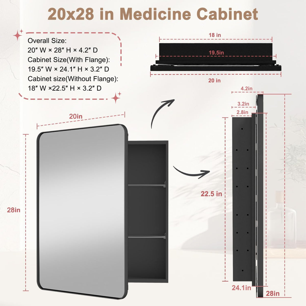 20x28 Inch Medicine Cabinet with Mirror for Bathroom, Black Aluminum Bathroom Medicine Cabinet, Recessed or Wall Mount Medicine Chest Over Sink, Modern Farmhouse Style, Fully Assembled