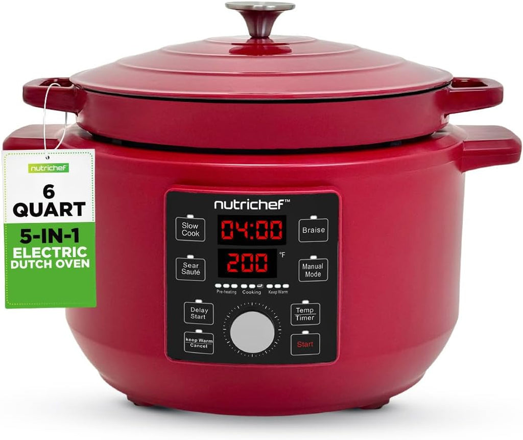 Nutrichef 6 Quart Electric Dutch Oven | 1500W 5-in-1 Enamel Coated Cast Iron Pot with Stainless Steel Lid | Precise Temperature Control | Includes 2 Silicone Pot Holders & Heat Resistant Pad | Red