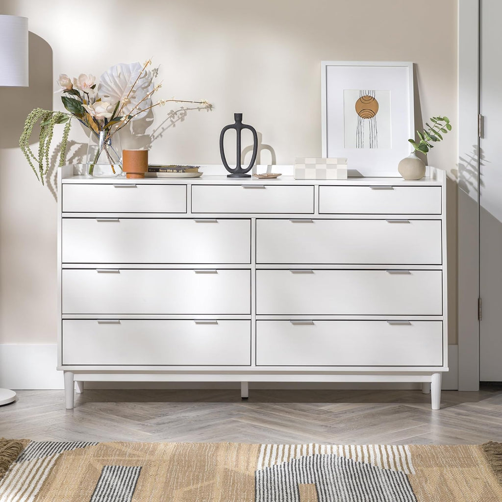 Walker Edison Blythe Mid-Century Modern Tray-Top Solid Wood 9-Drawer Dresser 60 Inch White