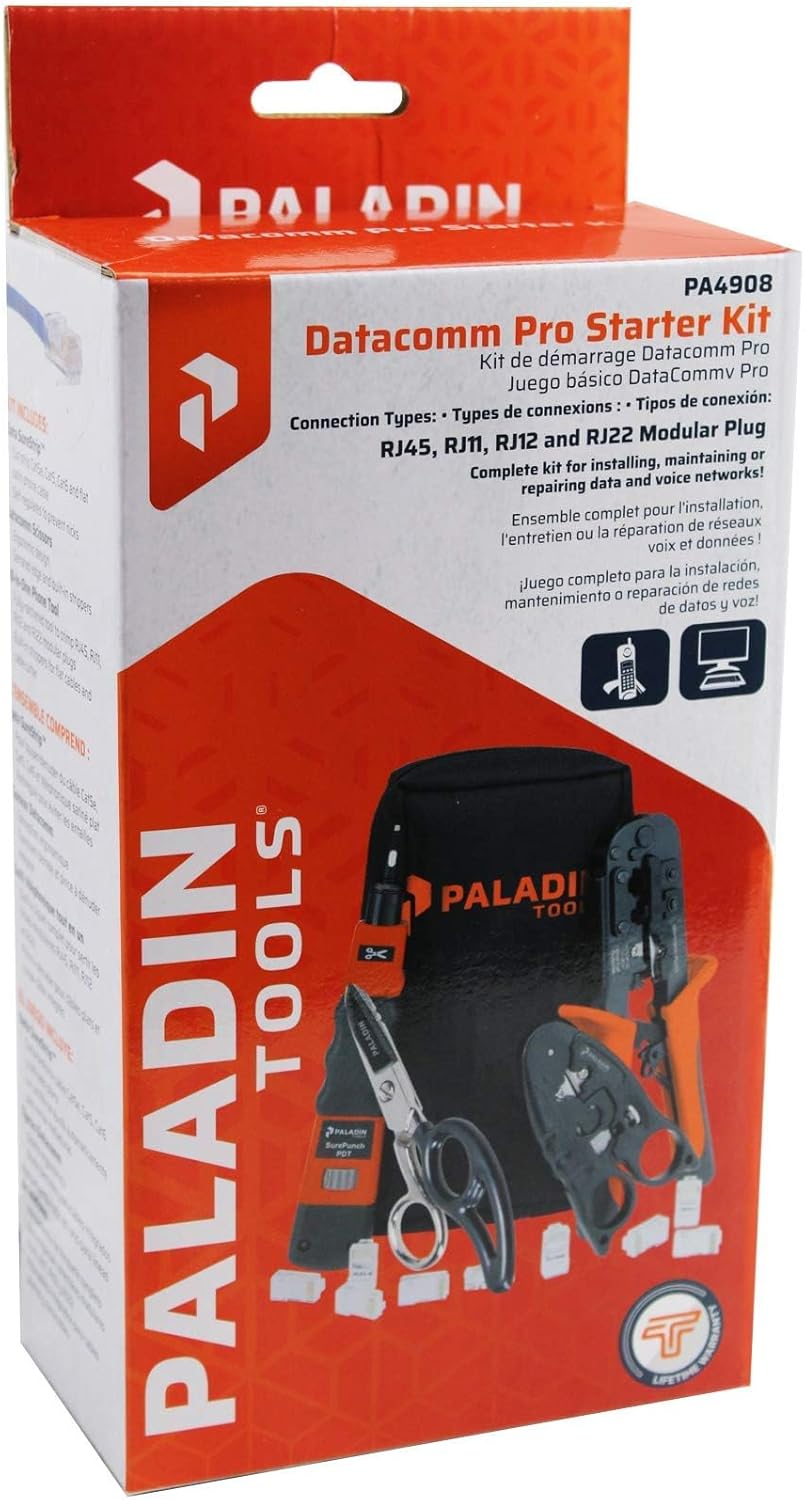 Paladin Tools PA4908 Network Tool Kit - VDV Technicians Kit - Wire Cutter, Wire Stripper, Scissors, Punchdown Tool, Plugs - RJ45 RJ11 RJ12 RJ22 (POE Ethernet)