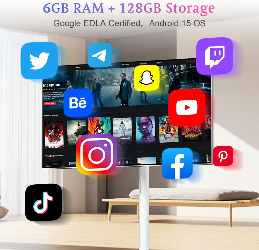 VLH 27" Smart Portable TV On Wheels | Cordless Rolling Touchscreen TV | 6GB RAM + 128GB Storage | EDLA-Certified Android 15 OS | | Full Swivel Rotation | Voice Remote Control
