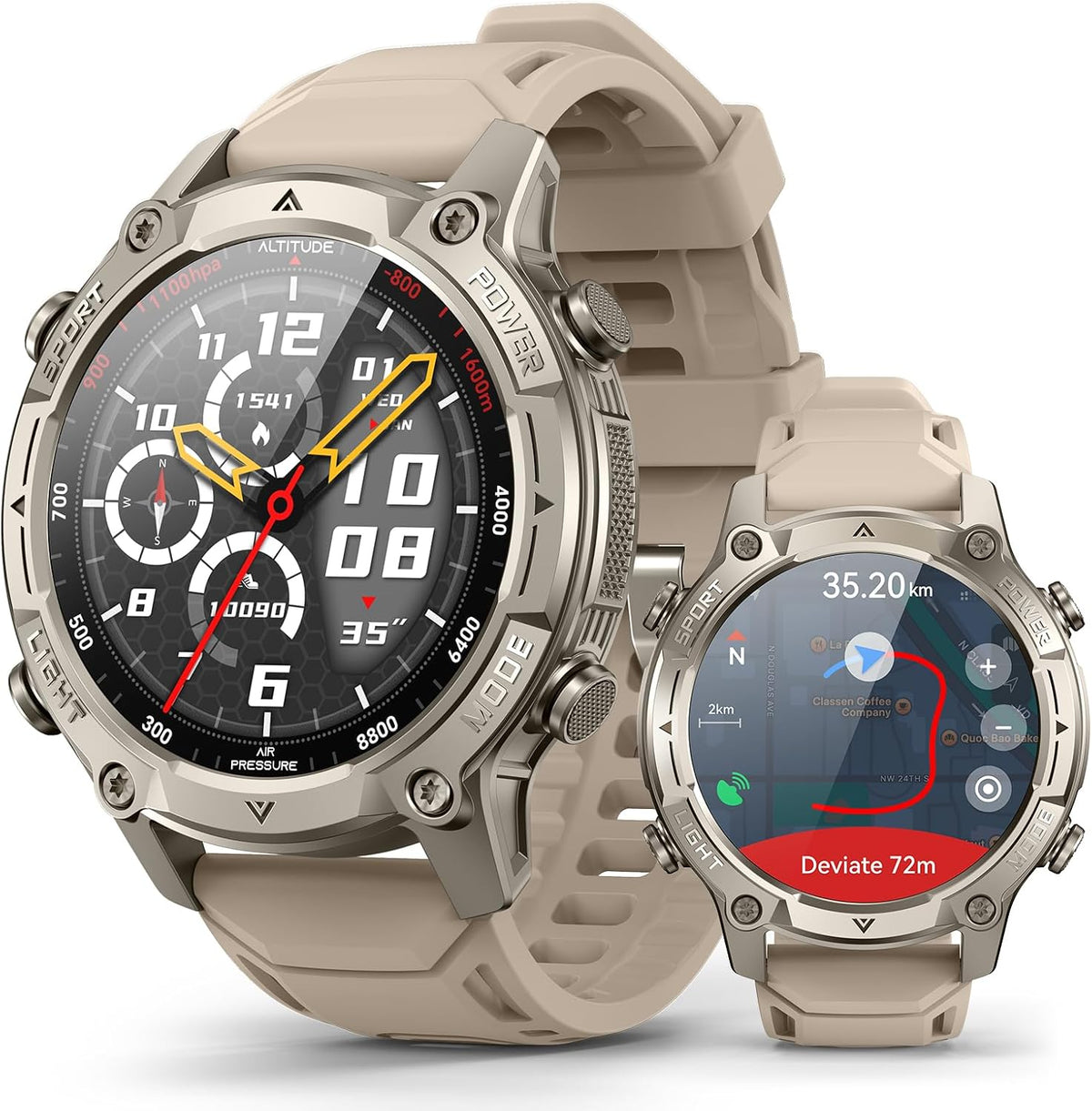 Men's Outdoor Smartwatch, Standalone GPS & Offline Maps, 5ATM Waterproof, 1.43" AMOLED, 4GB Memory, 178 Sports Modes, Compass, Heart Rate/SpO2/Stress/Sleep Monitor, Compatible Android and iOS Khaki