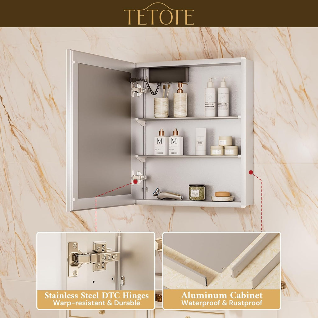 TETOTE 24 x 32 Medicine Cabinet with Lights, Adjustable Shelves, Silver Aluminum Cabinet, Anti-Fog Stepless Dimmable 3 Colors White/Warm/Natural, Easy to Install(Wall Mount/Recessed)