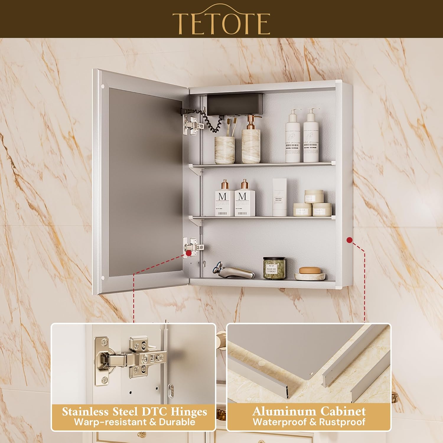TETOTE 24 x 32 Medicine Cabinet with Lights, Adjustable Shelves, Silver Aluminum Cabinet, Anti-Fog Stepless Dimmable 3 Colors White/Warm/Natural, Easy to Install(Wall Mount/Recessed)