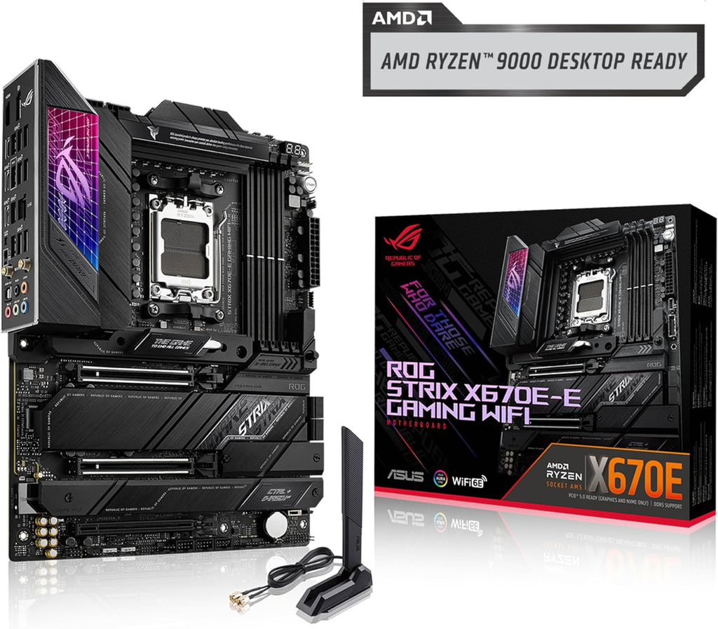 ASUS ROG STRIX X670E-E GAMING WIFI AMD X670 AM5 Ryzen™ Desktop 9000 8000 & 7000 ATX motherboard, 18+2 power stages, DDR5, 4x M.2 slots with heatsink, PCIe® 5.0, USB 3.2 Gen 2x2, WiFi 6E, AI Cooling II