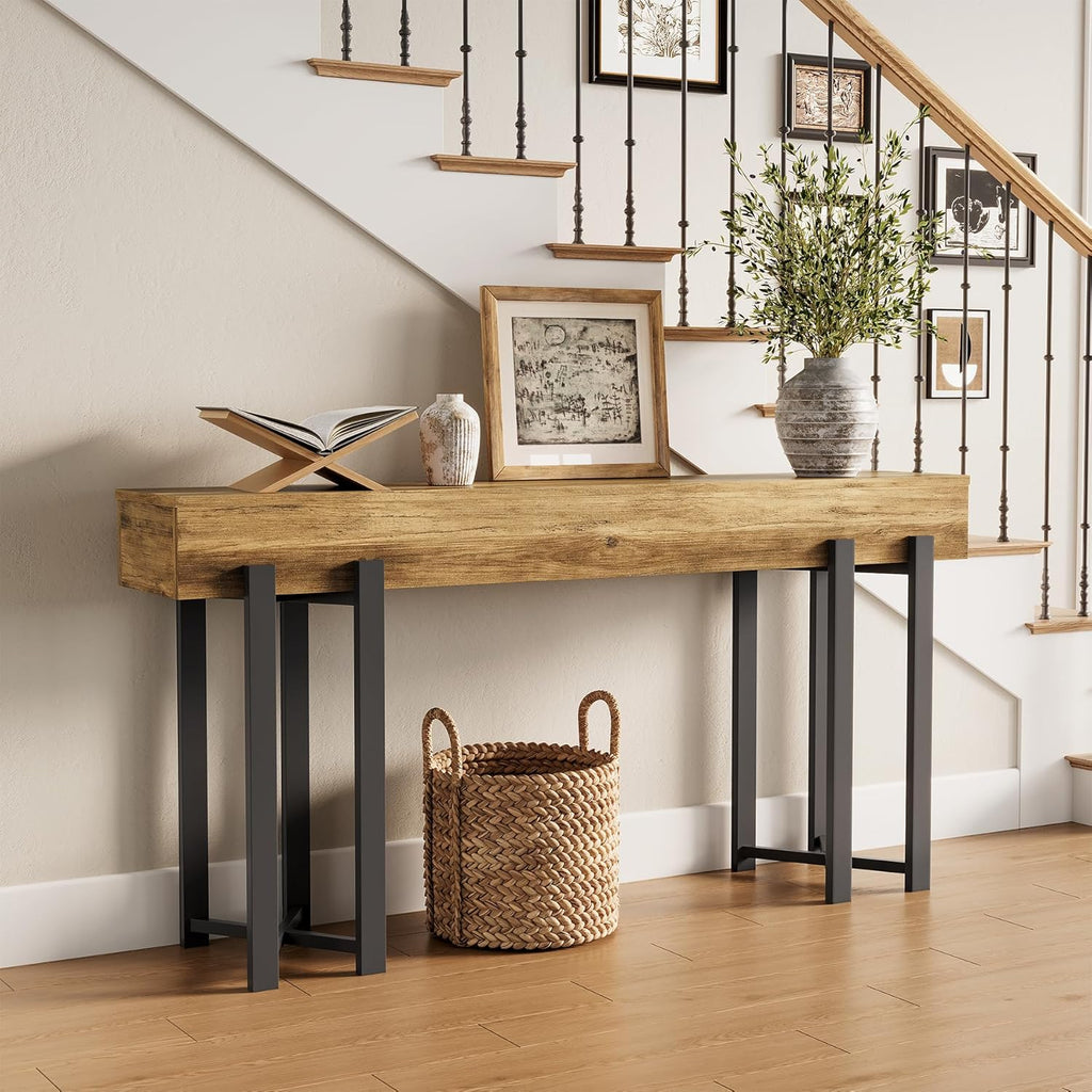 LITTLE TREE 63-Inch Console Table for Entryway, Industrial Behind Couch Table, Minimalist Sofa Table for Living Room, Rustic Brown Wooden Hallway Foyer Table with Black Metal Frame