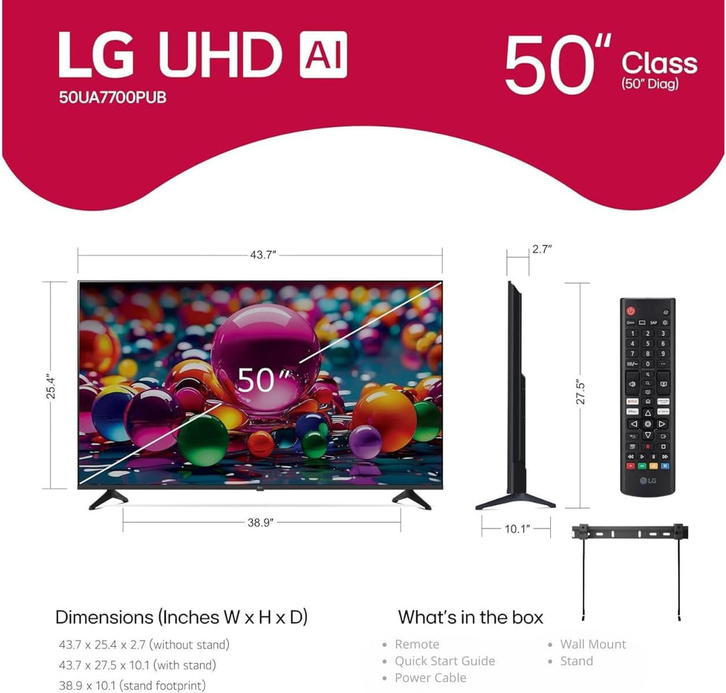 LG 50" (2025 Model) UHD AI UA75 Smart TV HDR10 Bluetooth a7 AI Processor 4K Gen8 Filmmaker Mode webOS 25 + Wall Mount Compatible with Alexa(Renewed)