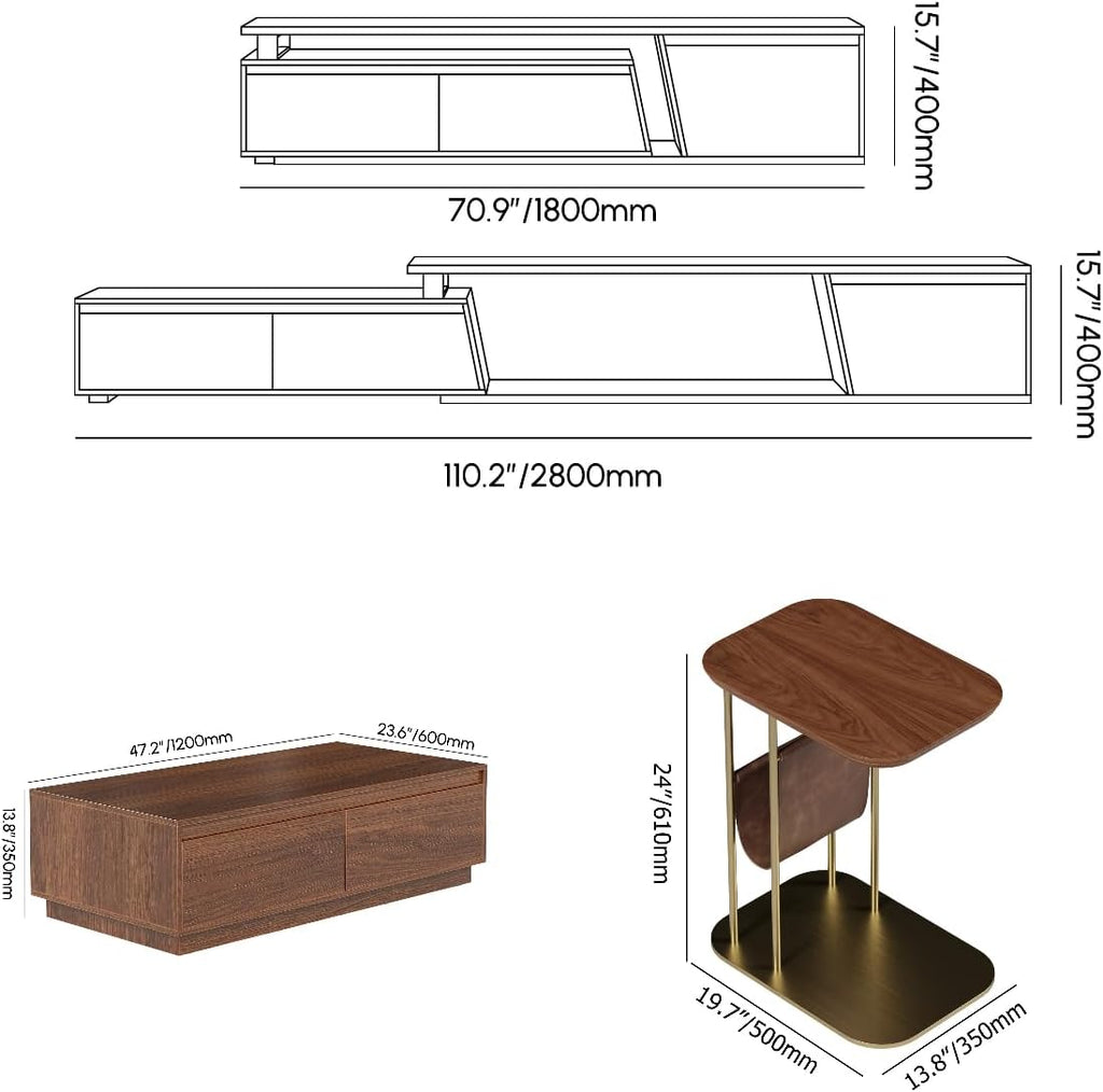 homary Living Room Furniture Set 3 Piece – Modern Coffee Table Set with TV Stand & C-Shaped Side Table, Wood Entertainment Center with Storage for Apartment & Home (Set-A)