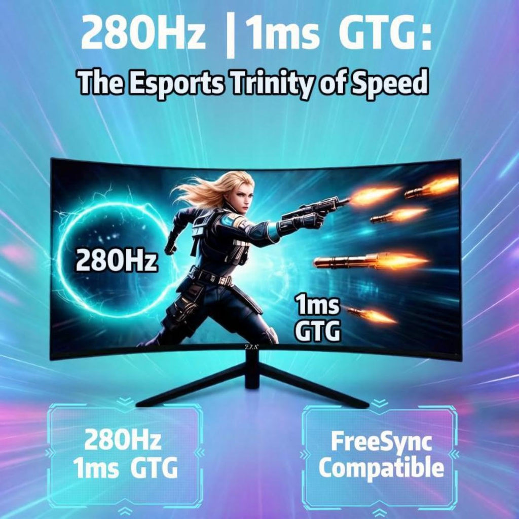 ZZA 27" Curved Gaming Monitor, 280Hz 240Hz Gaming Monitor, 1800R VA Panel, 120% sRGB, AMD FreeSync, 1ms GTG, Esports Ready Display, Flicker-Free, HDMI & DP, VESA Mount - Black