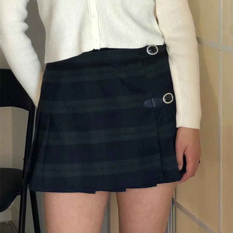 Brandy Skirts Women Plaid Pleated Shorts Skirt A Line Kawaii Egirls Low Waisted Belt Button Sexy Skirt Black Mini Buckle Skirts