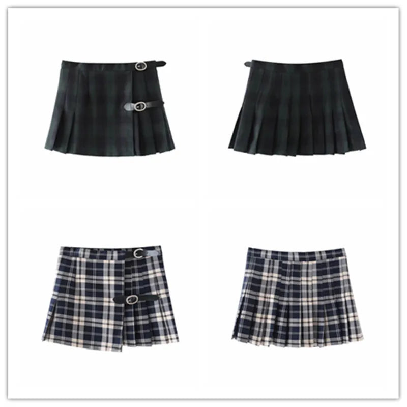 Brandy Skirts Women Plaid Pleated Shorts Skirt A Line Kawaii Egirls Low Waisted Belt Button Sexy Skirt Black Mini Buckle Skirts
