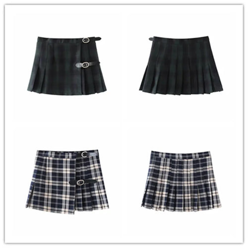 Brandy Skirts Women Plaid Pleated Shorts Skirt A Line Kawaii Egirls Low Waisted Belt Button Sexy Skirt Black Mini Buckle Skirts