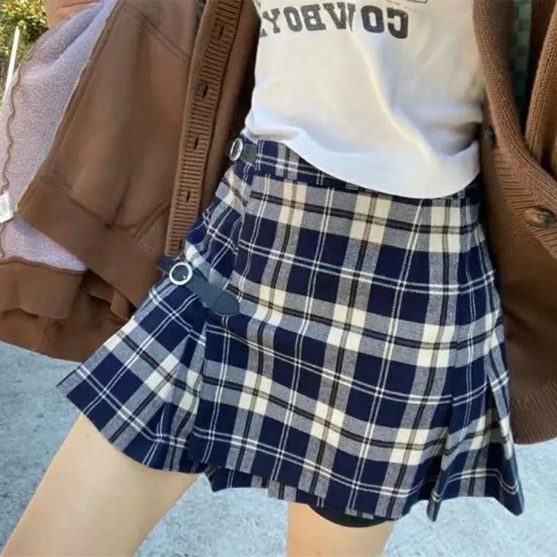 Brandy Skirts Women Plaid Pleated Shorts Skirt A Line Kawaii Egirls Low Waisted Belt Button Sexy Skirt Black Mini Buckle Skirts