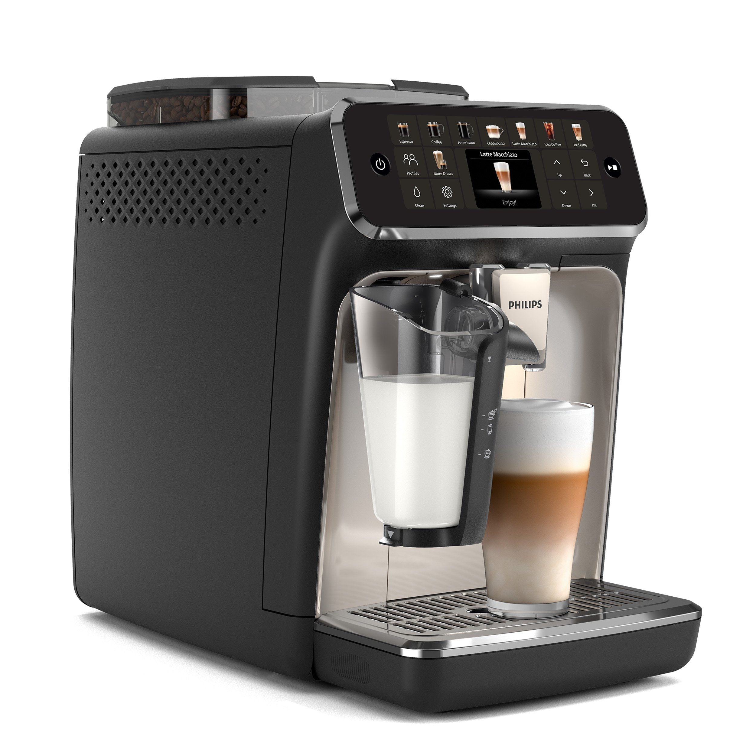 Philips Kaffeevollautomat EP5547/90 5500 Series, 20 Kaffeespezialitäten (heiß oder eisgekühlt), LatteGo-Milchsystem, SilentBrew Technologie, Schwarz Verchromt 15 Bar