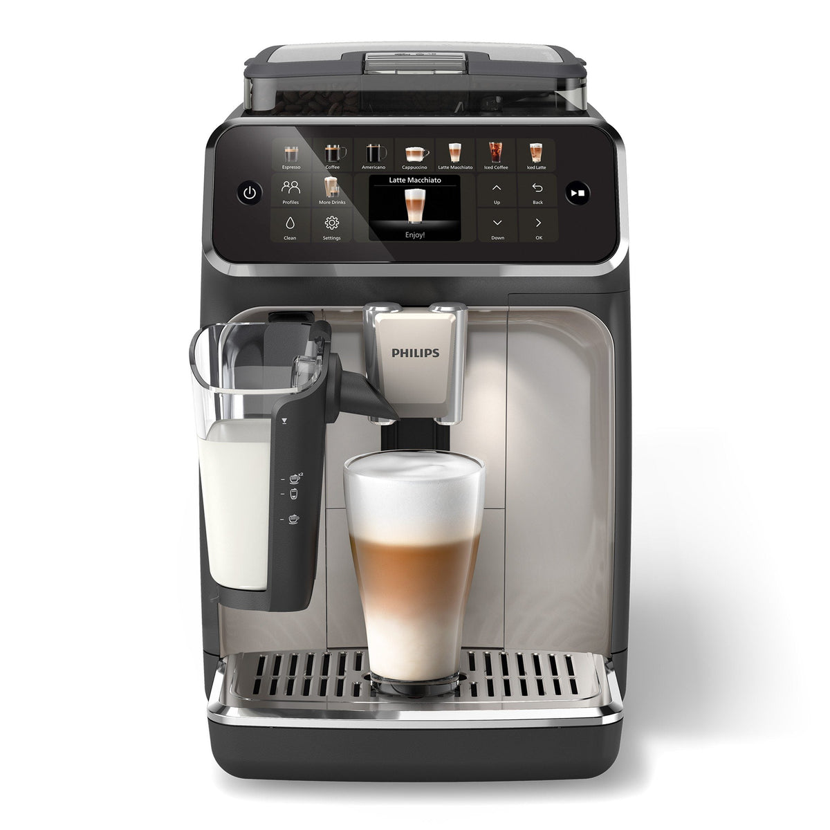 Philips Kaffeevollautomat EP3347/90 3300 Series, 6 Getränke (heiß oder eisgekühlt), LatteGo-Milchsystem, SilentBrew Technologie, Chrom-Schwarz