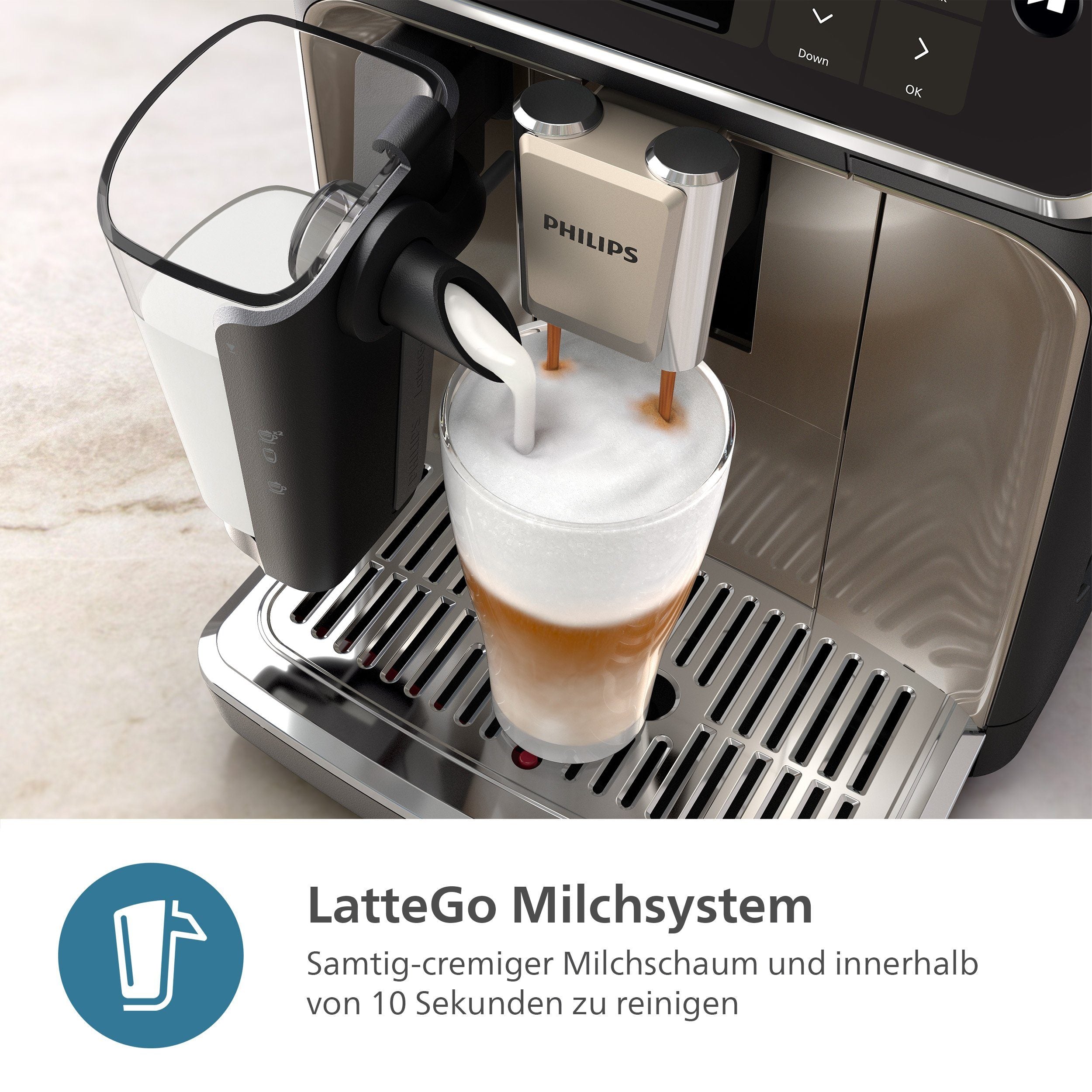 Philips Kaffeevollautomat EP5547/90 5500 Series, 20 Kaffeespezialitäten (heiß oder eisgekühlt), LatteGo-Milchsystem, SilentBrew Technologie, Schwarz Verchromt 15 Bar