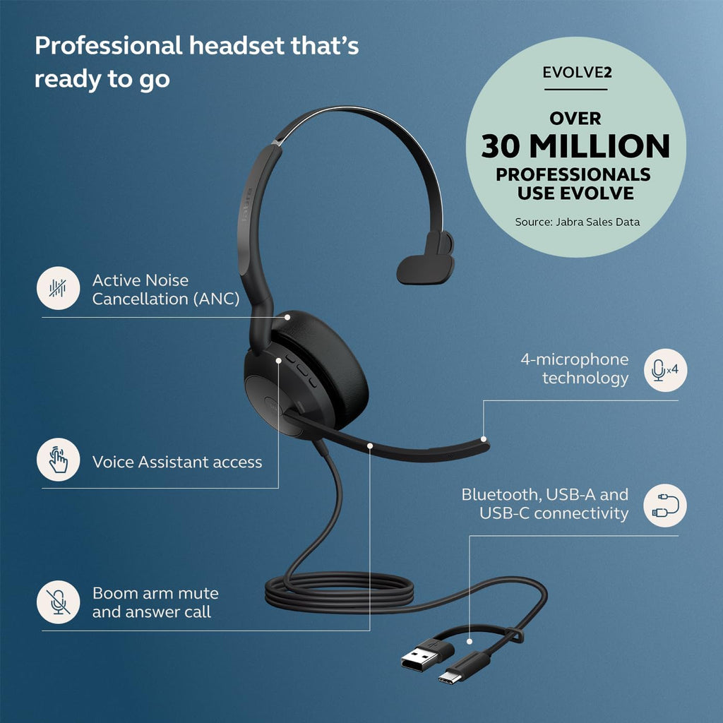 Jabra Evolve2 50 Wired Single-Ear Headset - Noise Cancelling Headphones, Bluetooth Headset for Work with Noise Cancelling Microphones, Works with Online Meeting Platforms Like Zoom & Google, Black