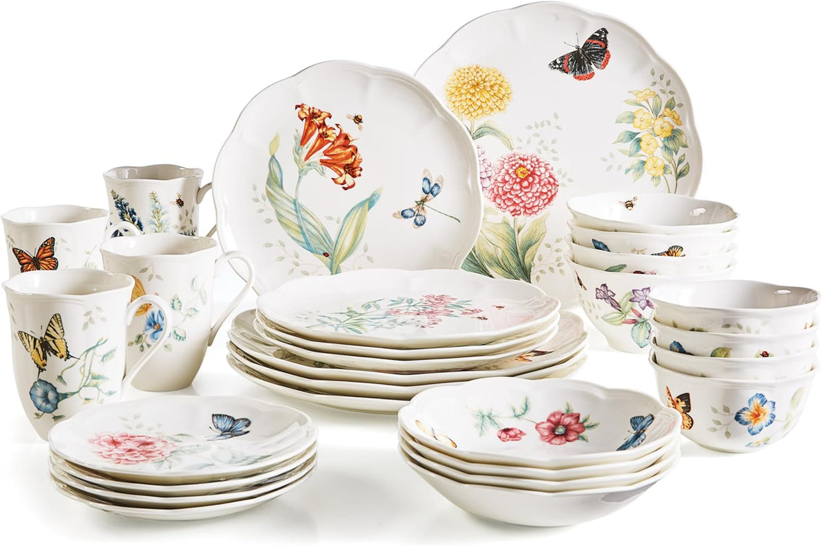 Lenox Dinnerware Set, Butterfly Meadow 28-Piece Set, Service For 4, Porcelain Plates With Scalloped Edges, Plates And Bowls Sets, Microwave Safe, Dishwasher Safe, Home & Kitchen (28 Piece, Assorted)