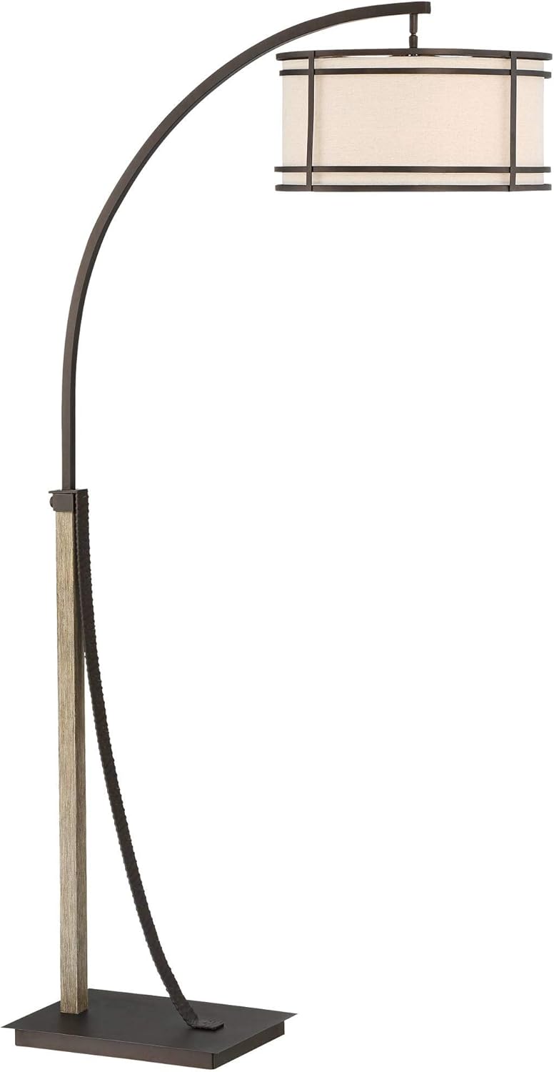 Franklin Iron Works Gentry Industrial Rustic Farmhouse Arc Floor Lamp 71 1/2" Tall Oil Rubbed Bronze 2-Light Oatmeal Fabric Drum Shade for Living Room Reading Bedroom Office House Home Decor