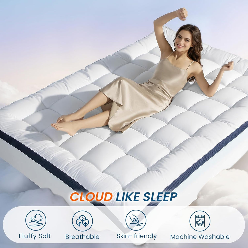 4 Inch Dual Layer Memory Foam Mattress Topper - 2 Inch 1000GSM Fluffy Soft Pillow Top Mattress Pad Cover and 2 Inch Cooling Gel Memory Foam for Back Pain Relief, with 8-21" Deep Pocket (Queen,60"x80")