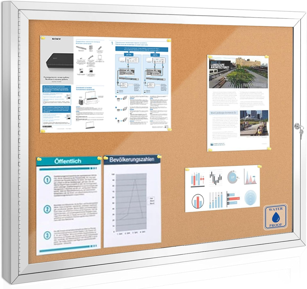 SWANCROWN Outdoor Enclosed Cork Bulletin Board Weatherproof Display Cases Tamperproof Notice Poster Memo Board with Aluminum Frame, 37x28 inches