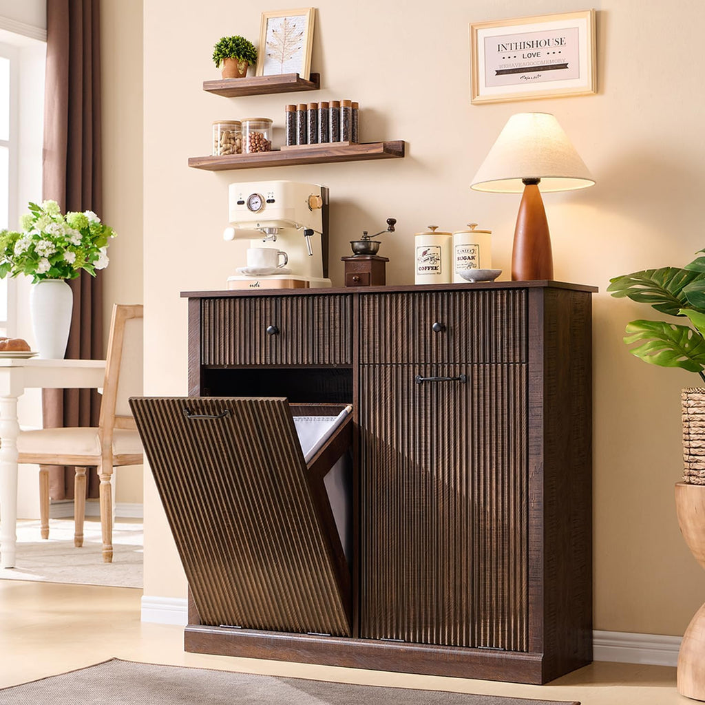 IFBUY Modern Double Tilt-Out Laundry Hamper Cabinet, 20 Gallon Fluted Trash Can Cabinet w/2 Drawers, Wooden Hidden Garbage Can Cabinets w/Laundry Basket, Free Standing for Bathroom and Kitchen, Brown