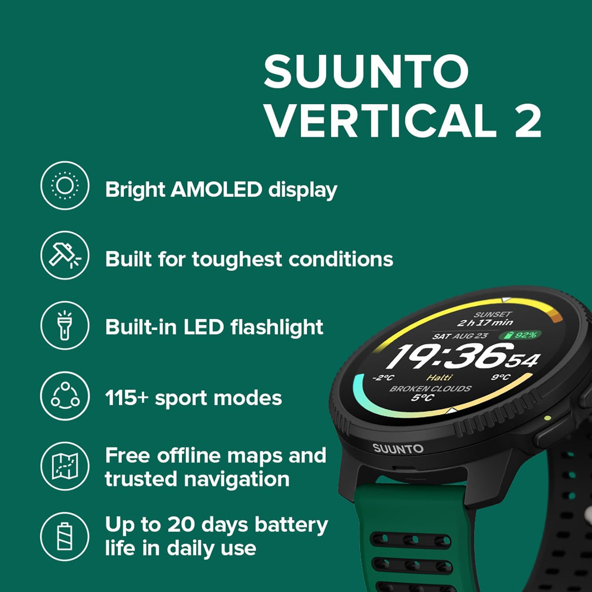SUUNTO Vertical 2 GPS Sport Watch, Bright 1.5” AMOLED Touchscreen, LED Flashlight, 20-Day Battery Life, Offline Maps, Training Metrics & Recovery Insights, Dual-GNSS, 115+ Sport Modes, Pine Green