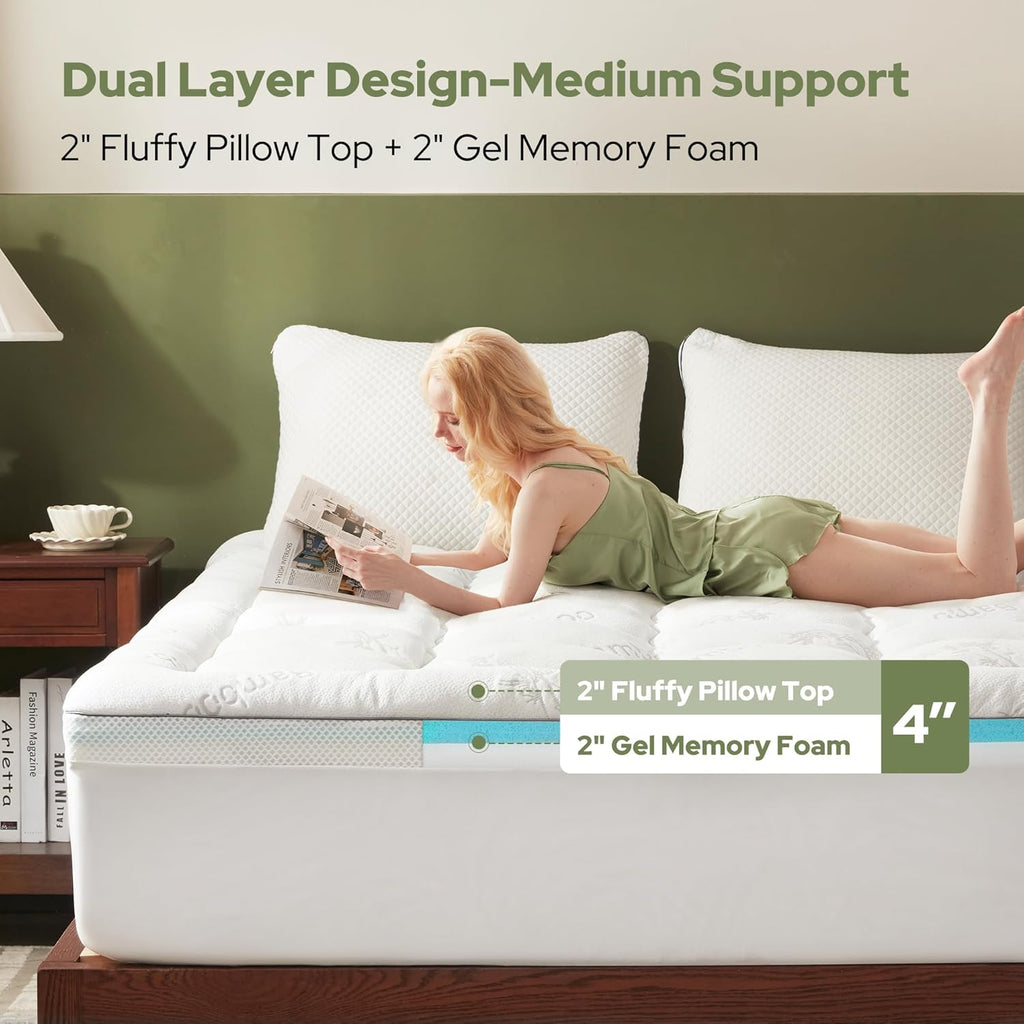 BEDLORE 4 Inch Memory Foam Mattress Topper Full,2-in-1 Dual Layer Design (2" Gel Memory Foam + 2" Plush Pillow Top Cover) Mattress Topper Medium-Firm,Pressure Relief & Back Pain Support(White)