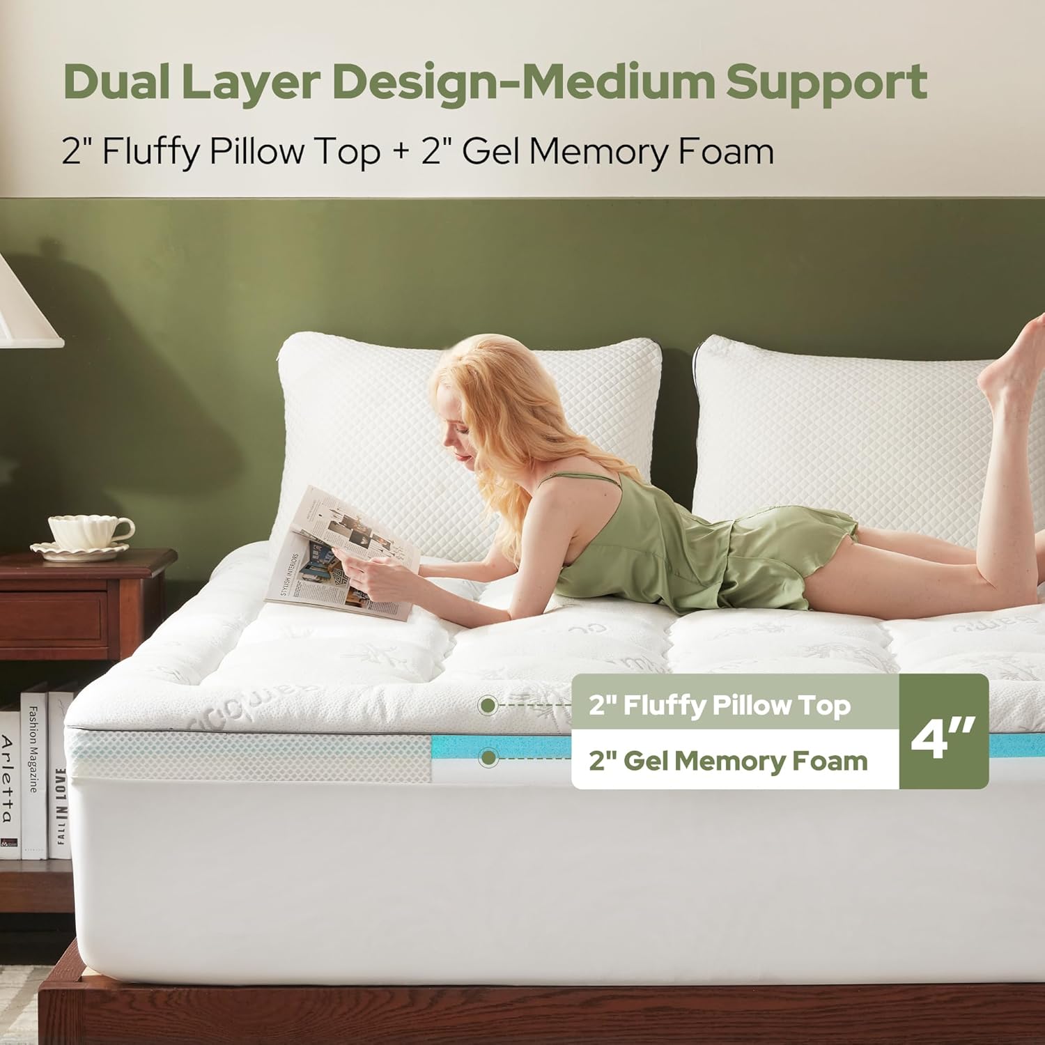 BEDLORE 4 Inch Memory Foam Mattress Topper Full,2-in-1 Dual Layer Design (2" Gel Memory Foam + 2" Plush Pillow Top Cover) Mattress Topper Medium-Firm,Pressure Relief & Back Pain Support(White)