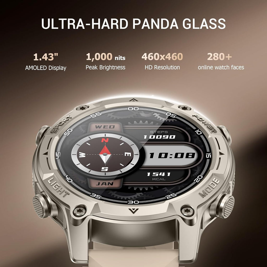 Men's Outdoor Smartwatch, Standalone GPS & Offline Maps, 5ATM Waterproof, 1.43" AMOLED, 4GB Memory, 178 Sports Modes, Compass, Heart Rate/SpO2/Stress/Sleep Monitor, Compatible Android and iOS Khaki