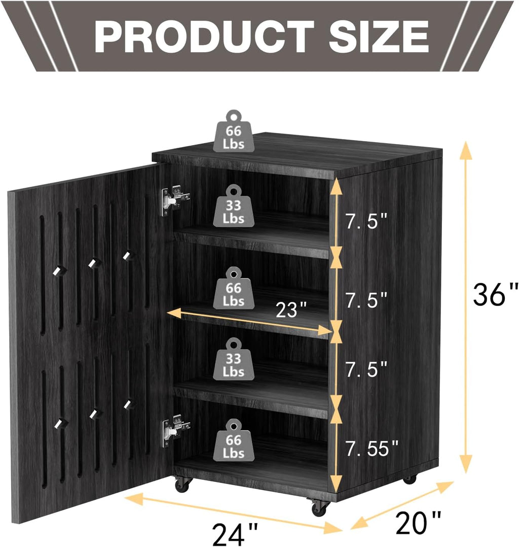 5-Tier Stereo Components Cabinet Wooden Audio Equipment Cabinet with Grille Door Closed Entertainment Stand with Adjustable Shelves AV Media Vintage Rack On Wheels for Living Gaming Room (Black)