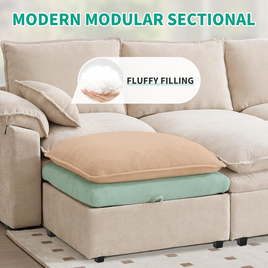 Large U-Shaped Sectional Couch Set - 6/7/8 Seater Oversized Cloud Sofa for Living Room, Big Comfy Chenille Fabric Couches, Extra Long Modular Sofa Bed Furniture (Beige, 6-Seater Sofa)