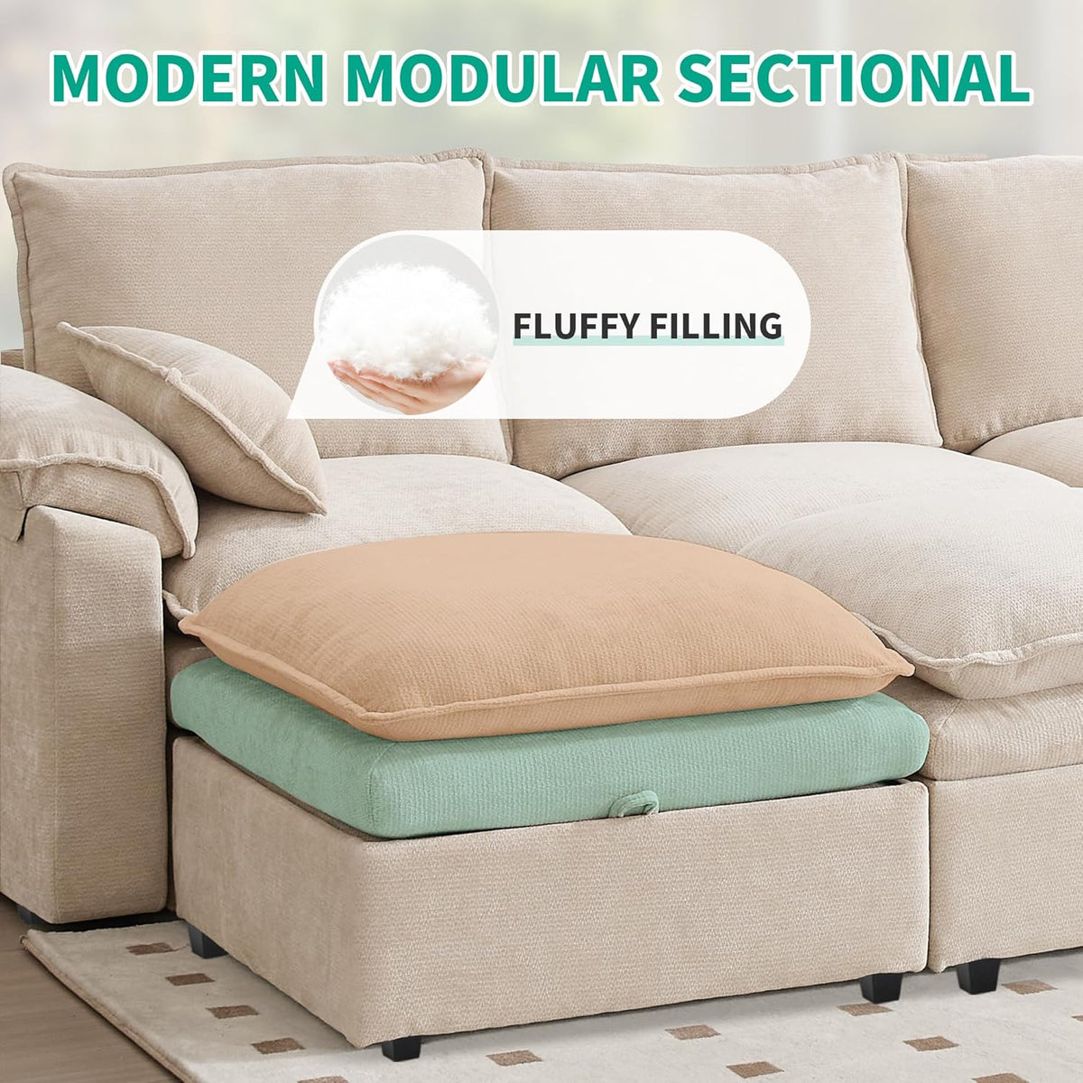 Large U-Shaped Sectional Couch Set - 6/7/8 Seater Oversized Cloud Sofa for Living Room, Big Comfy Chenille Fabric Couches, Extra Long Modular Sofa Bed Furniture (Beige, 6-Seater Sofa)