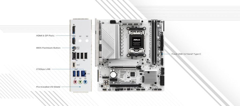 ASRock B650M-HDV M.2 White Micro-ATX AM5 Motherboard, AMD Ryzen 9000/8000/7000, PCIe 5.0 x16, DDR5 8200+(OC), Dual M.2 (Gen5/Gen4), USB 3.2 Type-C, 2.5G LAN