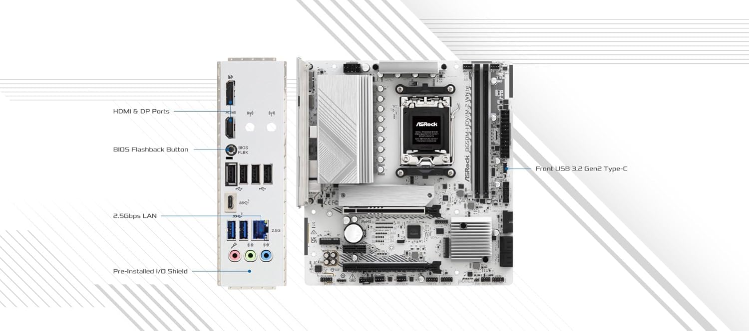 ASRock B650M-HDV M.2 White Micro-ATX AM5 Motherboard, AMD Ryzen 9000/8000/7000, PCIe 5.0 x16, DDR5 8200+(OC), Dual M.2 (Gen5/Gen4), USB 3.2 Type-C, 2.5G LAN