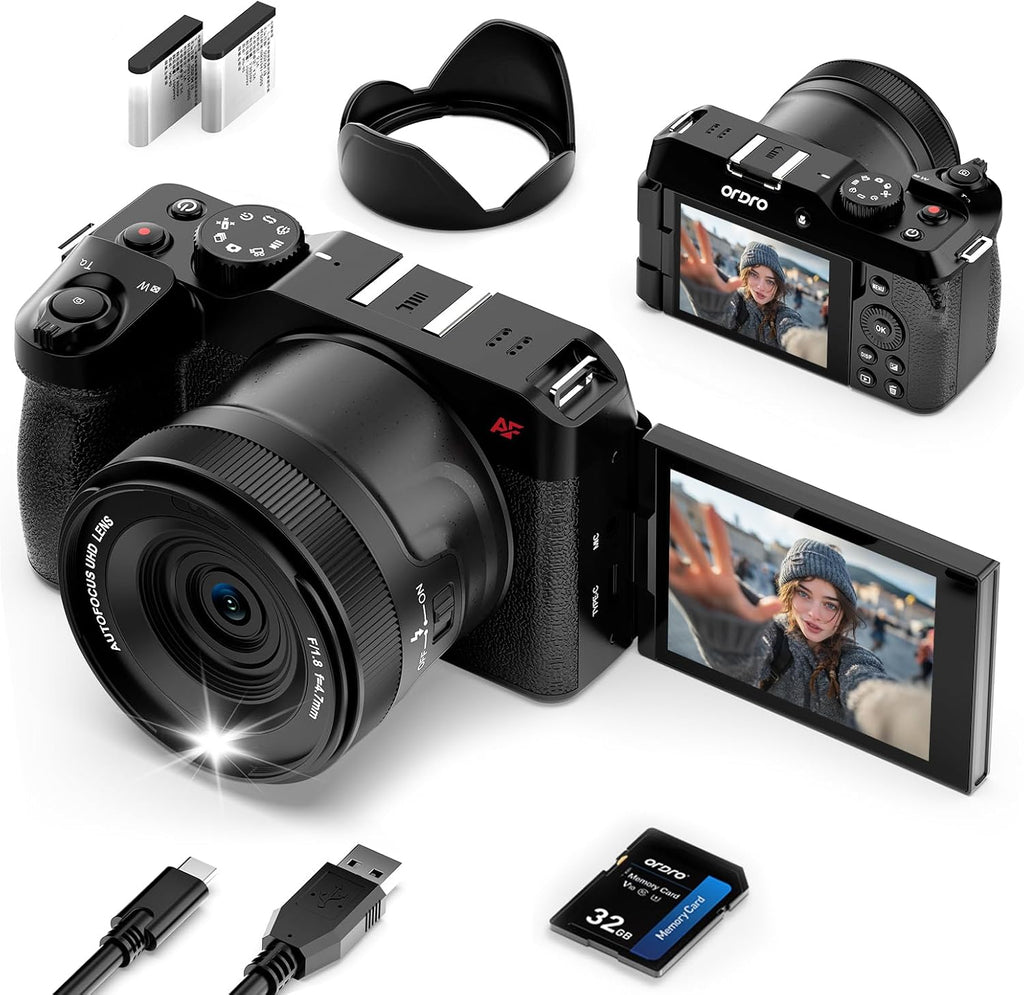 ORDRO 5K Digital Cameras for Photography -Auto Focus 80MP Video Cameras for YouTube, 18X Zoom Travel Camera with 180° Flip Screen, 2 Batteries, Lens Hood & 32GB Card