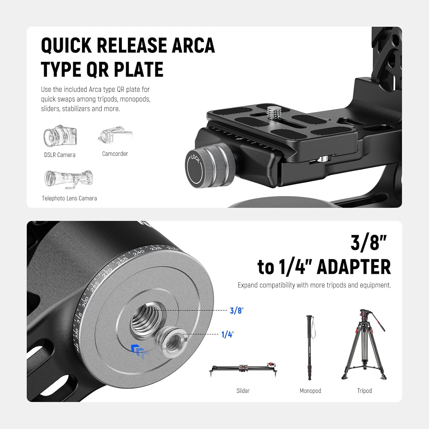 NEEWER GM102 Gimbal Head for Tripod Monopod Telephoto Lenses, 360° Panoramic Camera Tripod Head, 3 Axis Adjustment, Heavy Duty CNC Aluminum Alloy, Arca Type Quick Release System, Max Load 33lb/15kg