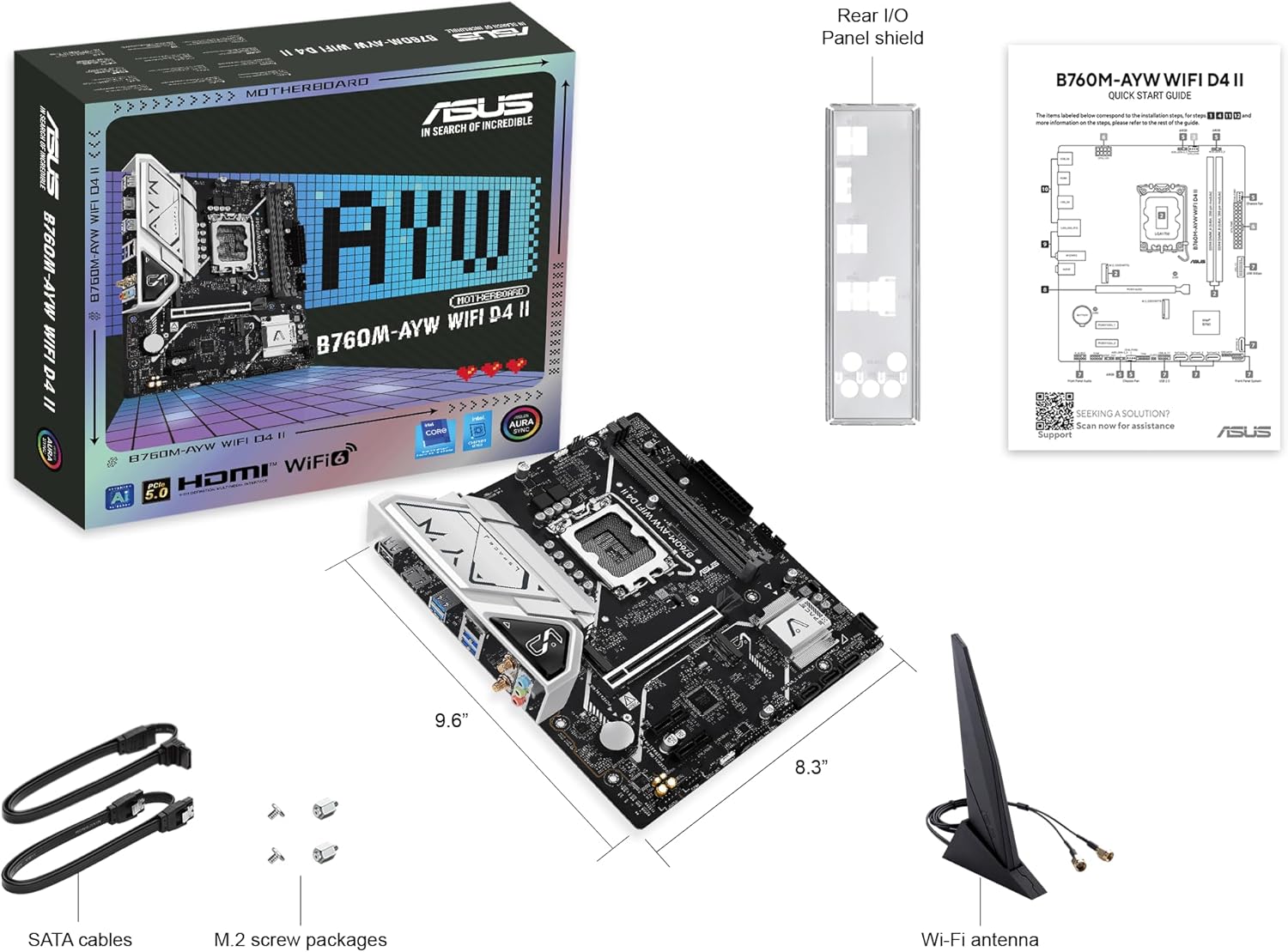 ASUS B760M-AYW WiFi D4 II Intel® B760 (LGA 1700) microATX mATX Motherboard, PCIe 5.0 x16 Support, Two M.2 Slots, DDR4, Realtek 2.5Gb Ethernet, Wi-Fi 6, HDMI, SATA 6 Gbps, Front USB 5Gbps, Aura Sync