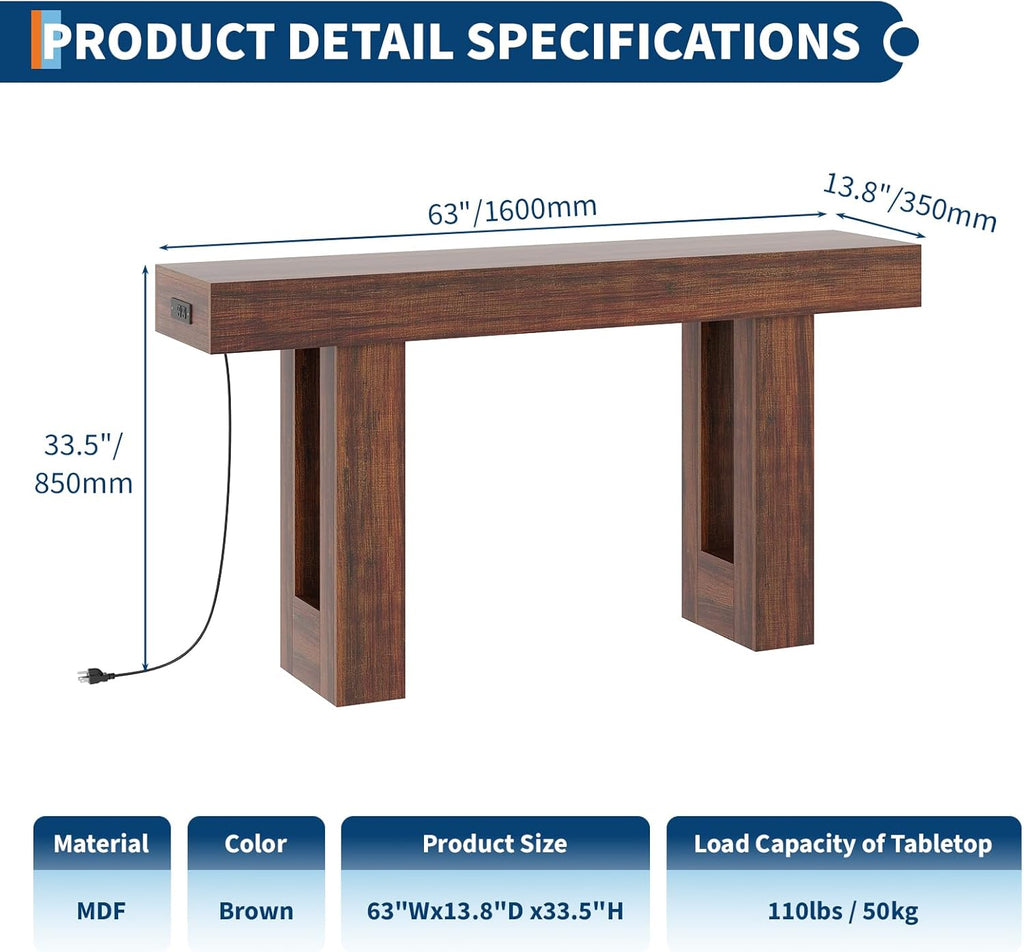 IDEALHOUSE 63" Entryway Table, Wood Console Table with Charging Station, Extra Long Sofa Table, Narrow Hallway Foyer Table for Entryway, Hallway, Living Room, Rustic Brown
