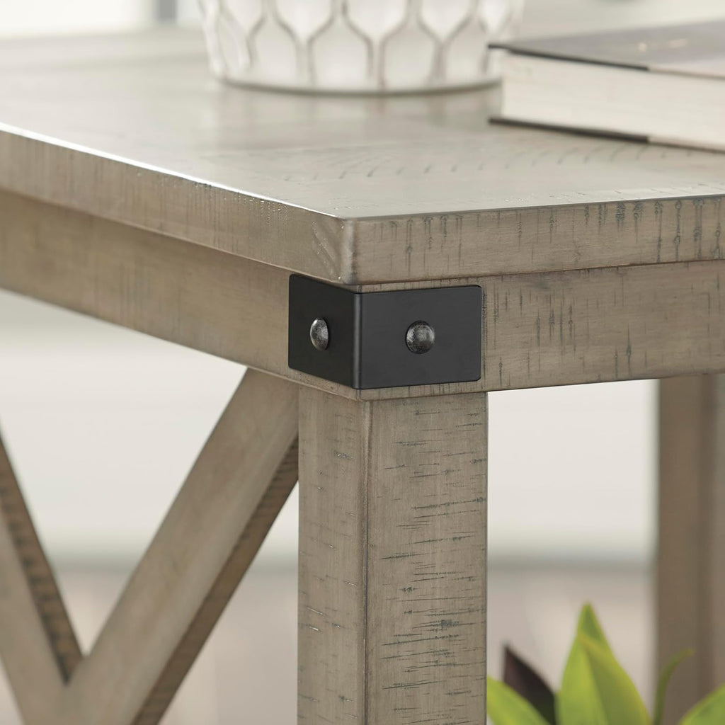 Signature Design by Ashley Aldwin Casual Farmhouse Rectangular End Table with Crossbuck Details, Metal Bracket Accents, Wood, 25" High, Weathered Gray