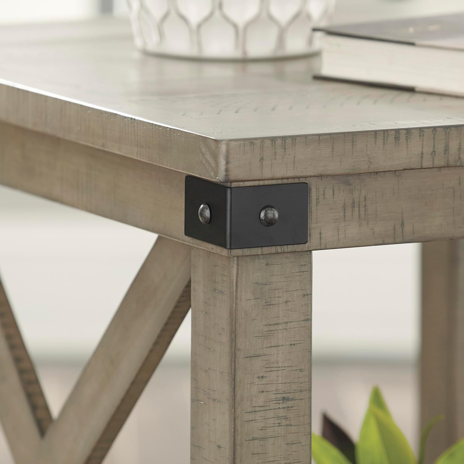 Signature Design by Ashley Aldwin Casual Farmhouse Rectangular End Table with Crossbuck Details, Metal Bracket Accents, Wood, 25" High, Weathered Gray