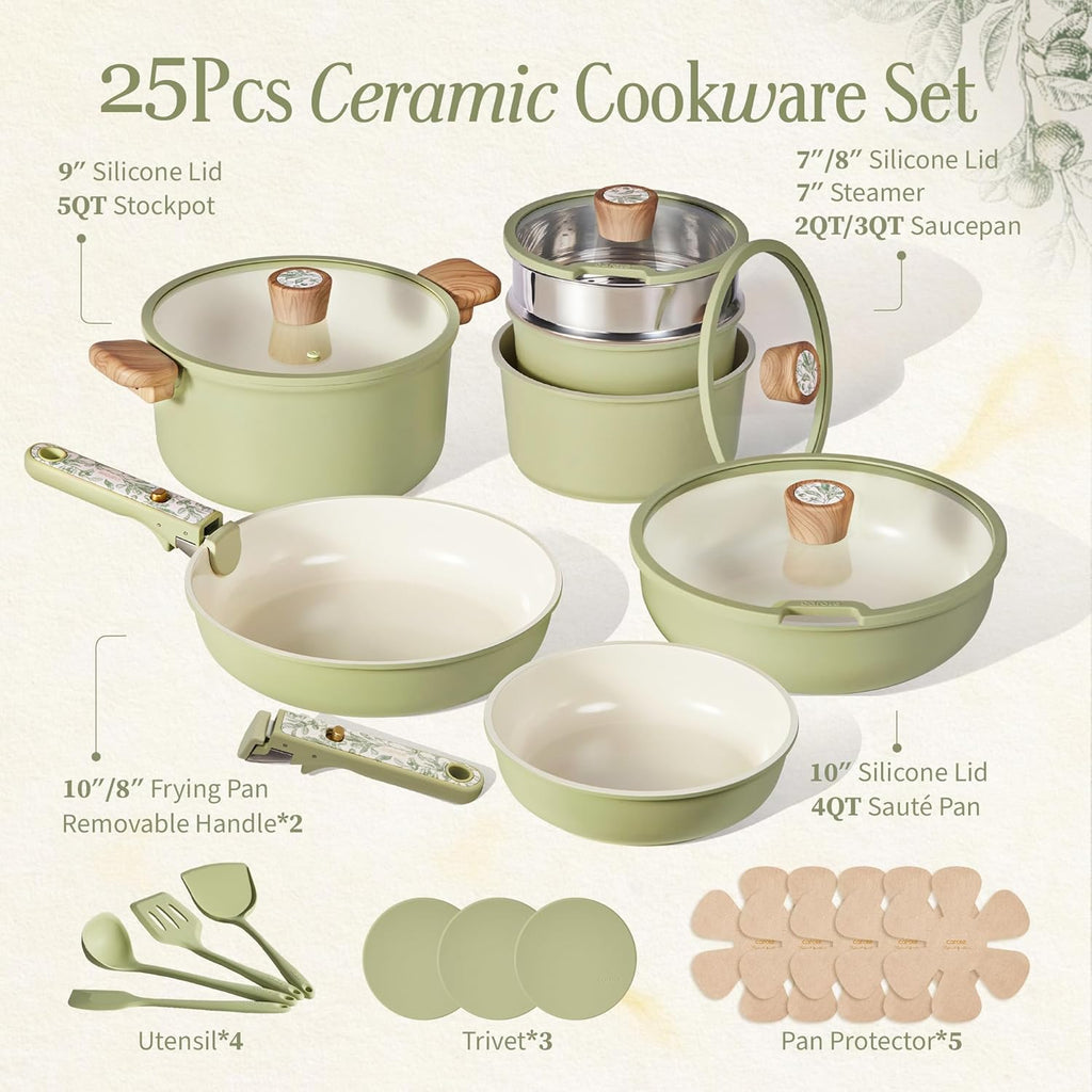 CAROTE 25-Piece Ceramic Cookware Set, Nonstick Pots and Pans Set with Detachable Handle, Non-Toxic Kitchen Cooking Set, Dishwasher & Oven Safe, Induction Compatible, PFAS Free