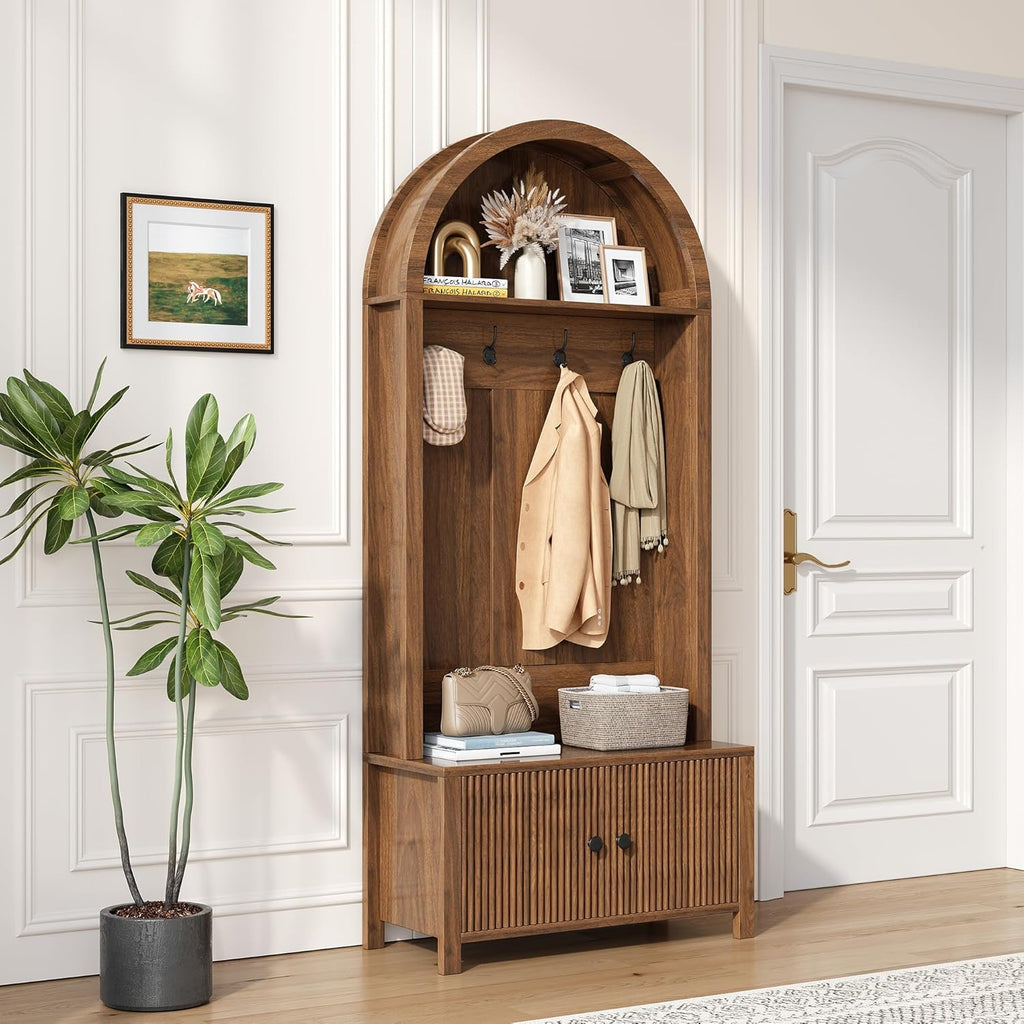 Hall Tree with Bench and Shoe Storage, 4-in-1 Mudroom Entryway Coat Rack & Shoe Storage Cabinet with 4 Hooks, Farmhouse Style Furniture Organizer for Hallway, Foyer, Walnut
