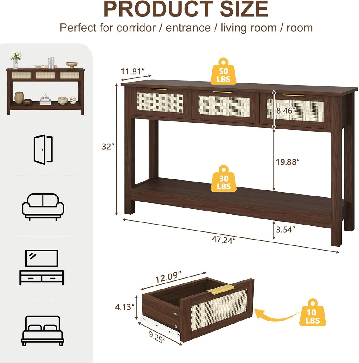 Luoxiao Console Table for Entryway with 3 Rattan Drawers Boho Entry Table with Storage Open Shelf, Narrow Long Sofa Tables for Living Room, Hallway, Foyer, Couch, Front Door, Walnut, 47 Inch