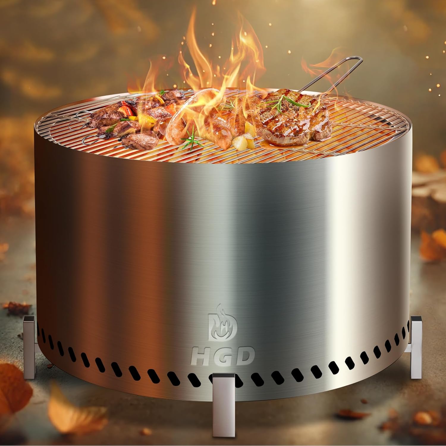 HGD 27.5" Smokeless Firepit with Stand & Grill Rack, Large Stainless Steel Wood Burning Fire Pit for Friends & Family Gatherings, Secondary Combustion Outdoor Patio Stove for Garden BBQ & Bonfire