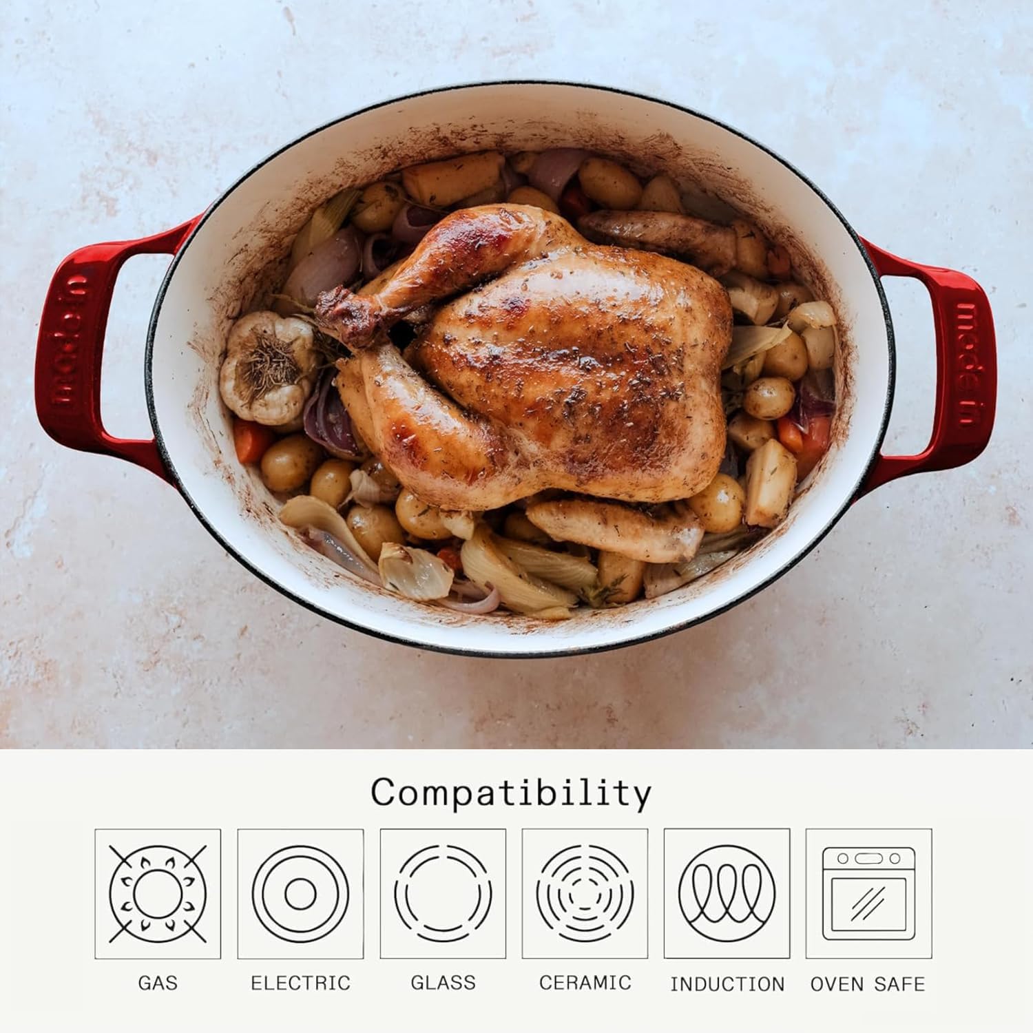 Made In Cookware | Oval Dutch Oven 7.5 Quart (Red) | Enameled Cast Iron | Exceptional Heat Retention & Durability | Professional Cookware | Crafted In France | Induction Compatible