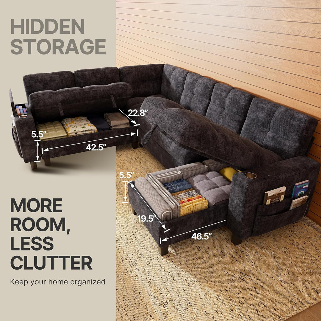 Marsail 110" Sectional Sleeper Sofa with Pull Out Bed, 7 Seat Modular Sectional Couch with Storage, USB & Cup Holders, Modern Chenille Cloud Sofa for Living Room, Dark Gray