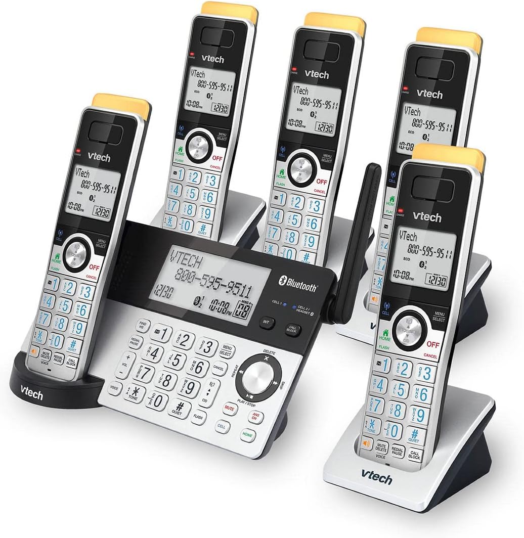 VTech Super Long Range 5 Handset DECT 6.0 Cordless Phone for Home with Answering Machine, 2300 ft Range, Call Blocking, Bluetooth, Headset Jack, Power Backup, Intercom, Expandable to 12 HS