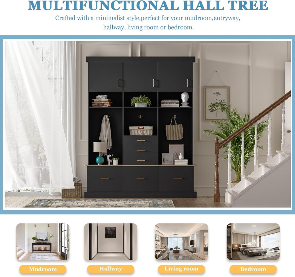 Hall Tree with Storage Bench & Coat Rack 58''W Modern Tall Entryway Oranizer Cabinet with 6 Drawers, 3 Metal Hooks for Living Room Hallway Mudroom, Black